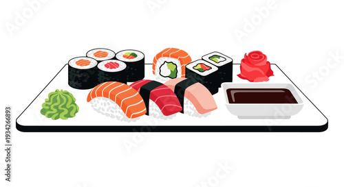 Assorted sushi and sashimi on a white plate with soy sauce and wasabi against a clean white background.