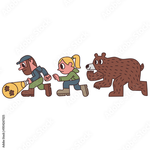 A bearded man holding a flashlight, a woman with her hair tied up, and a big brown bear