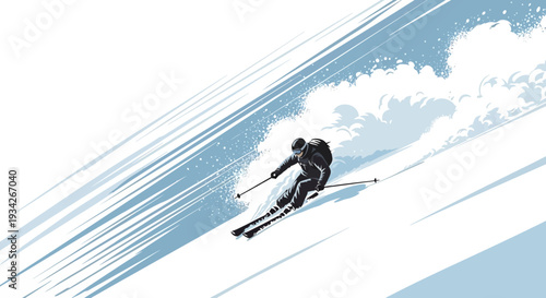Illustration of a skier speeding down a snowy slope with motion lines
