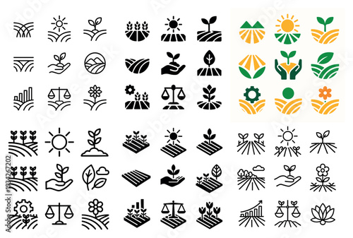 Agriculture icons with sun leaf plant outline