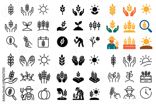 Harvest icons with wheat hands farmer flat