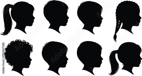 Kids side profile silhouette set with various hairstyles and head shapes black and white vector illustration isolated on backgroundKids side profile silhouette set