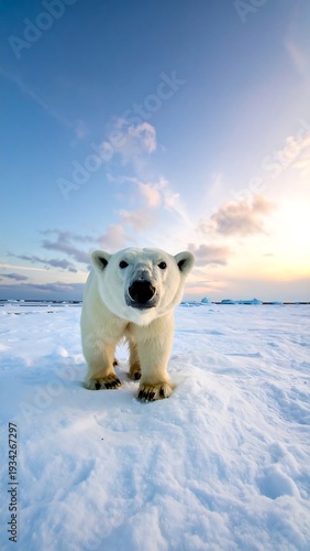 A majestic polar bear stands on snowy ground under a radiant sky