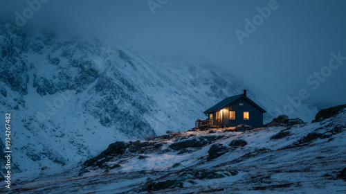 Distant glowing cabin window in snowy mountain landscape at twilight telephoto view
