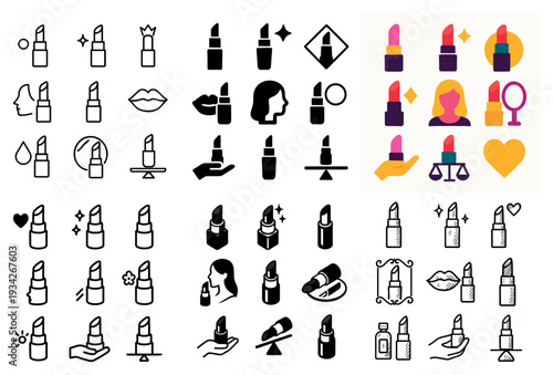Beauty icons with lipstick mirror face colorful