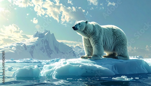 A majestic polar bear stands proudly atop a glistening ice floe