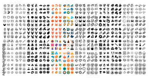 Seafood icons with fish crab shell multicolor