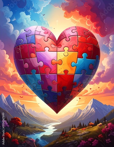A vibrant heart-shaped puzzle floating over mountain valley and rivers