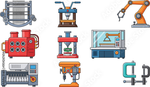 Industrial machinery and factory equipment set including robotic arm press drill and compressor isolated on white background vector illustration