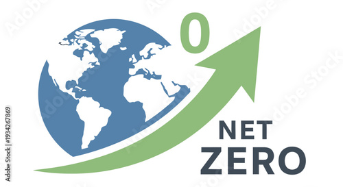Net zero emissions concept with a globe and upward trending arrow graphic