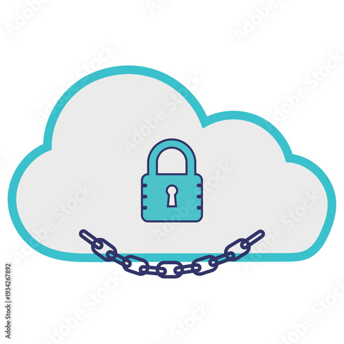 Secure cloud computing concept featuring a blue padlock and chain on a cloud icon. Represents data protection and cyber security