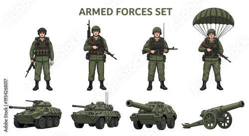 Illustration set of military personnel and vehicles in green uniform and equipment.