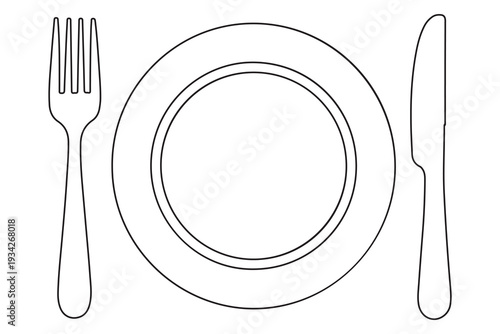 Continuous one line drawing of plate with fork and knife outline illustration
