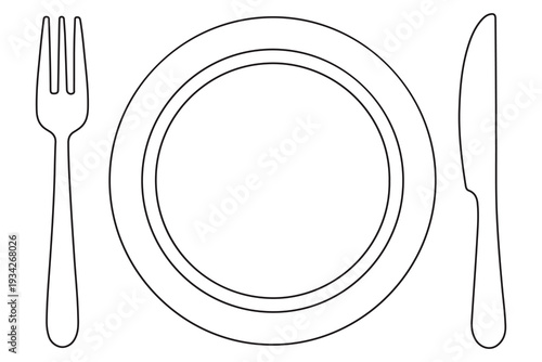 Continuous one line drawing of plate with fork and knife outline illustration
