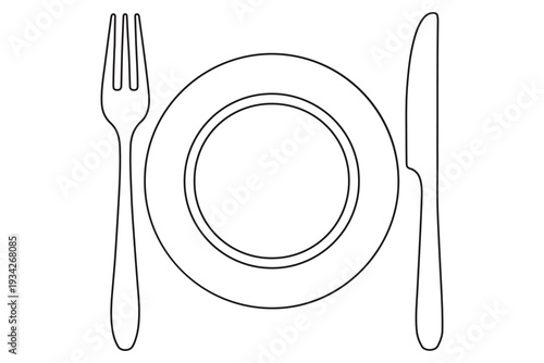 Continuous one line drawing of plate with fork and knife outline illustration
