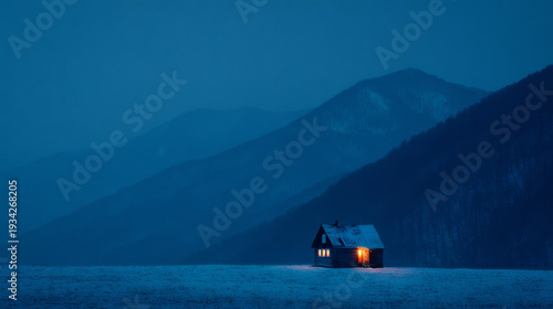 Distant glowing cabin window in snowy mountain landscape at twilight telephoto view