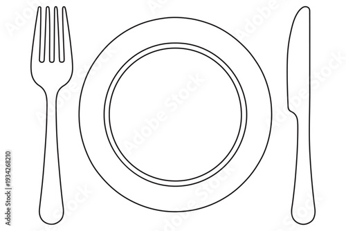 Continuous one line drawing of plate with fork and knife outline illustration
