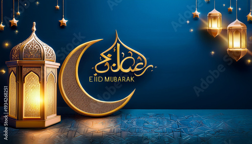 Elegant Eid al Fitr scene with crescent moon and lanterns for celebration Generative AI