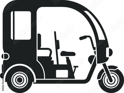 Black silhouette vector illustration of a modern electric rickshaw for sustainable urban public transport.