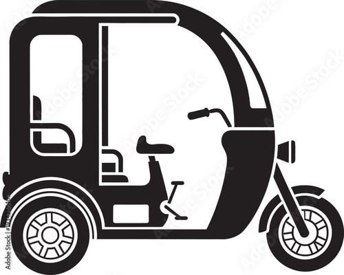 Modern black and white vector icon of a pedicab rickshaw for Eco friendly urban transportation services.
