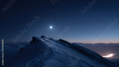 Peak Perspective: Moonlight Over Snow-Covered Mountain Summit with Distant City Lights at Night