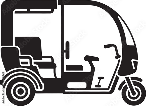 Minimalist black and white electric rickshaw icon vector silhouette for urban transport and taxi apps.