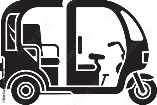 Black and white vector illustration of a traditional Asian auto rickshaw taxi for urban transportation.