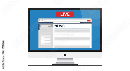 Flat lay of a computer monitor displaying a live news webpage on a plain background.