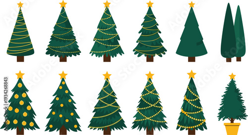Christmas Tree Collection with Decorated Fir Trees, Stars, Garlands and Ornaments for Winter Holiday Design Vector Illustration Set
