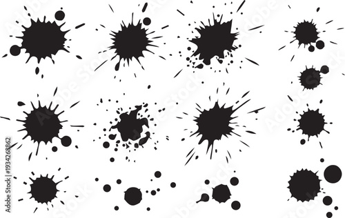 Set of grunge ink splatters and paint blots. Vector black splash marks, spray droplets, and messy ink stain collection.
