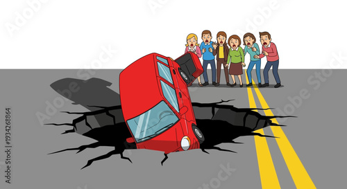 Illustration of a red car falling into a large pothole on a road with people standing behind.
