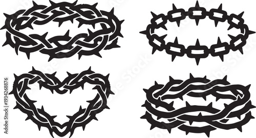 Set of grunge crown of thorns and spiky heart wreaths. Vector black prickly border, religion symbol, and gothic tattoo frame collection.