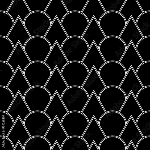 Fish scale wallpaper. Asian traditional ornament with repeated scallops. Repeated white triangular and circular shapes on black background. Seamless surface pattern design with scales. Squama motif.
