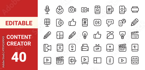Content creator line editable icon set. featuring icons of various media, content, podcast, blogger, live streaming, social network, 