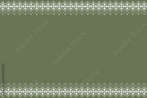 Green and white geometric folk border pattern with symmetrical top and bottom bands and wide open central space. Pixel-style ornament suitable for textile panels, fabric trims, decorative layouts, and