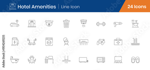 Hotel Amenities Outline Icons Set of 24. Hospitality Services, Room Facilities Linear Vector Editable Stroke Icons