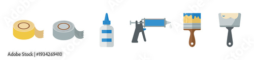 Essential tools and supplies for home improvement and crafting projects such as adhesive tape, glue, caulk, paintbrushes, and spatulas.