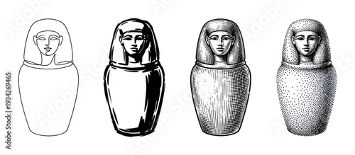 Ancient Egyptian canopic jar lid illustrations showcasing diverse artistic rendering techniques from line art to stippling.
