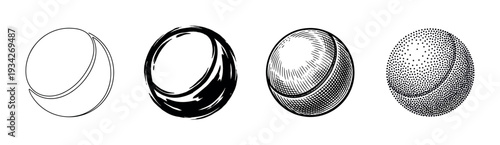 Four different stylized spheres depicted in various artistic techniques including outline, brush stroke, engraving, and stippling, showcasing diverse graphic styles.