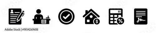 Business and finance icons illustrating various administrative processes, real estate transactions, and contractual agreements.