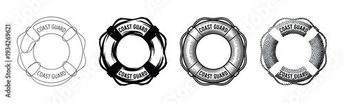 Four distinct black and white lifebuoys are illustrated in diverse artistic styles, each featuring the text 'Coast Guard' for maritime safety.