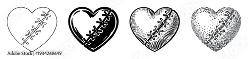 Four different styles of stitched heart illustrations representing love, repair, and emotional healing.