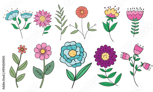 A vibrant collection of diverse hand-drawn flowers and botanical elements, blooming cheerfully with bright, clear lighting, isolated on a clean white background.