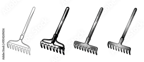 Garden rake illustrations in various artistic styles depict a common tool for yard work and landscaping tasks.