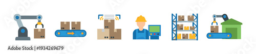 Modern manufacturing and logistics process icons illustrating automated production, warehousing, and delivery steps.