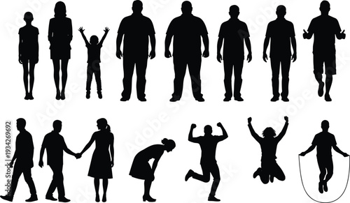 People silhouettes collection showing different ages and activities, family, fitness and lifestyle poses in black and white illustration set