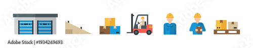 Logistics and warehouse operations icons depicting various equipment and personnel working to manage inventory and deliveries.