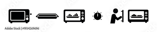Oven baking process icons illustrating food preparation steps, showing a person placing food in the oven, setting a timer, and removing the finished dish.