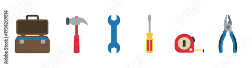Various essential construction and repair tools displayed together in a clean, illustrative flat design style.