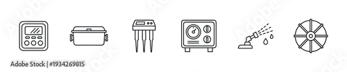 Industrial equipment and measurement tools collection featuring various technical devices in outline style.